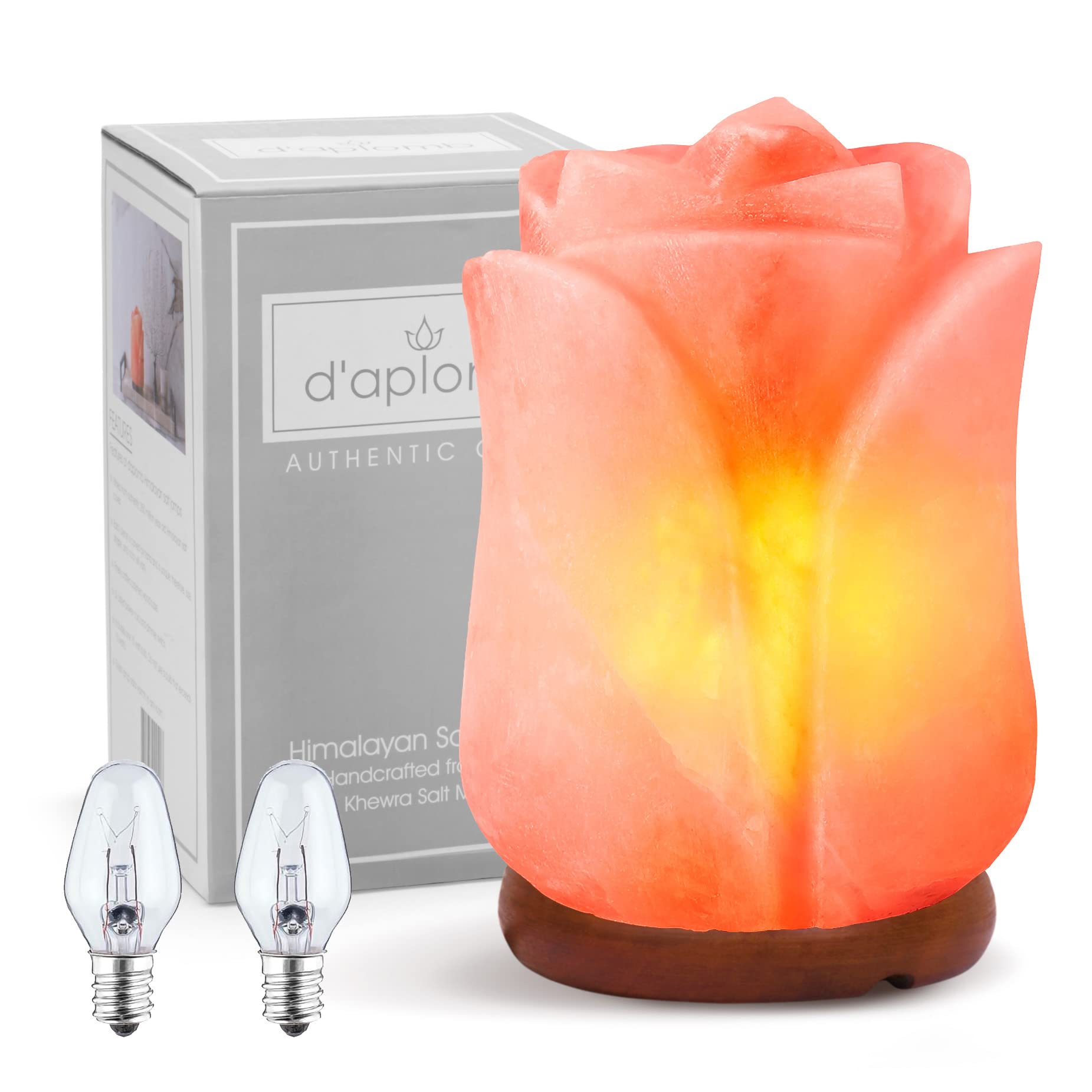 d'aplomb Himalayan salt lamp hand-carved rose detail highlights natural warmth