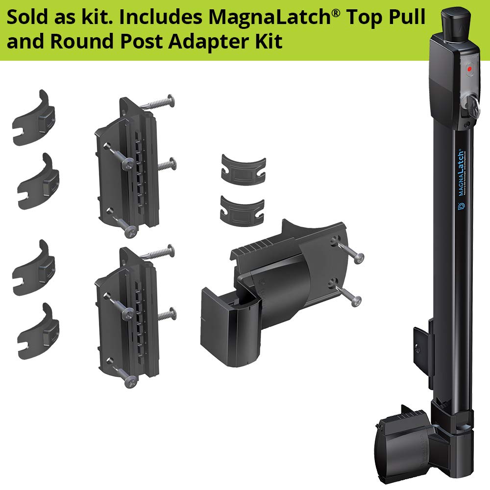 Round post adaptor kit mounted on a round gate post for versatile installation.