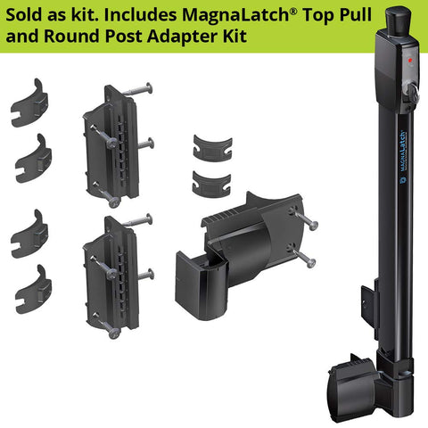 Round post adaptor kit mounted on a round gate post for versatile installation.