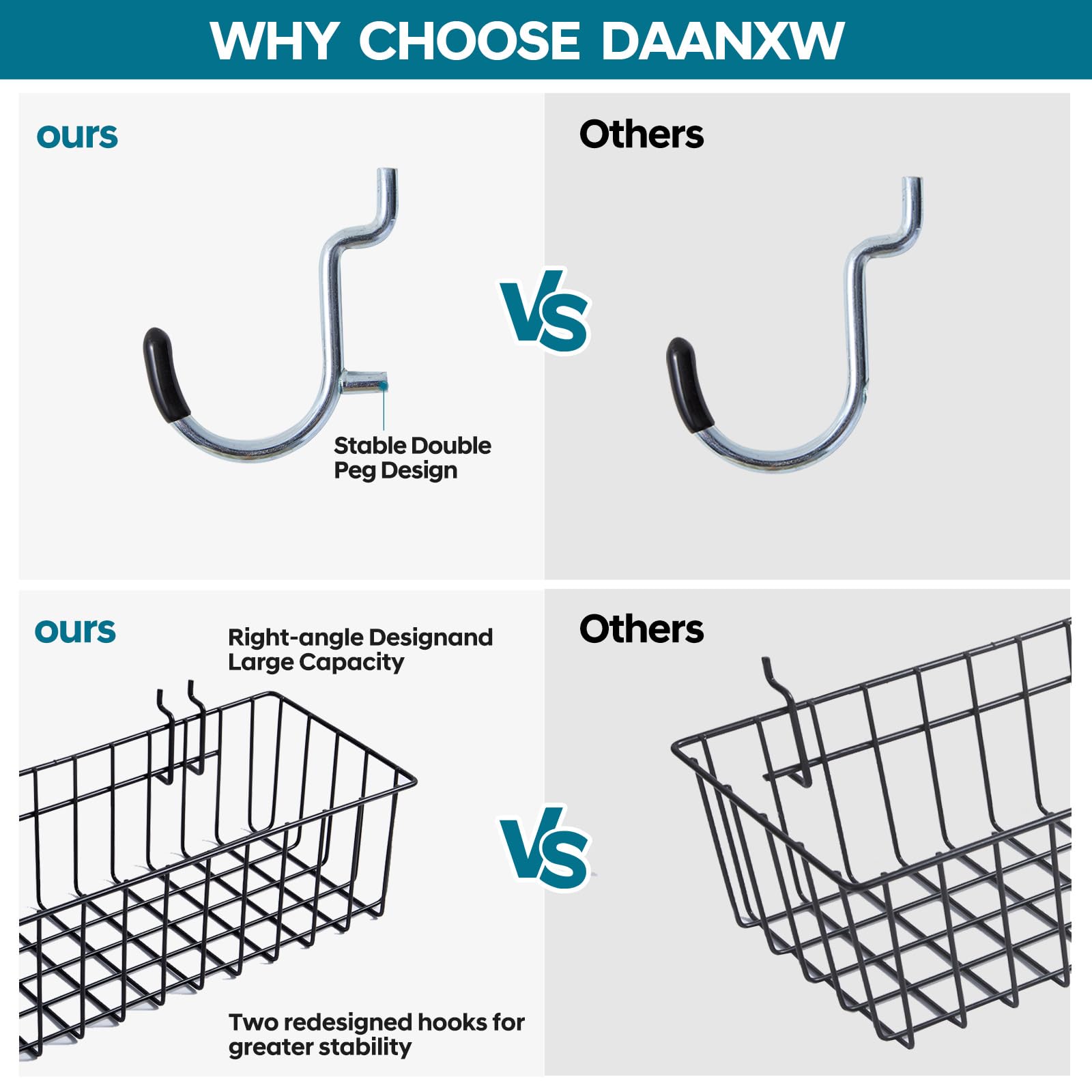 Daanxw metal pegboard hooks arranged for durable tool mounting.