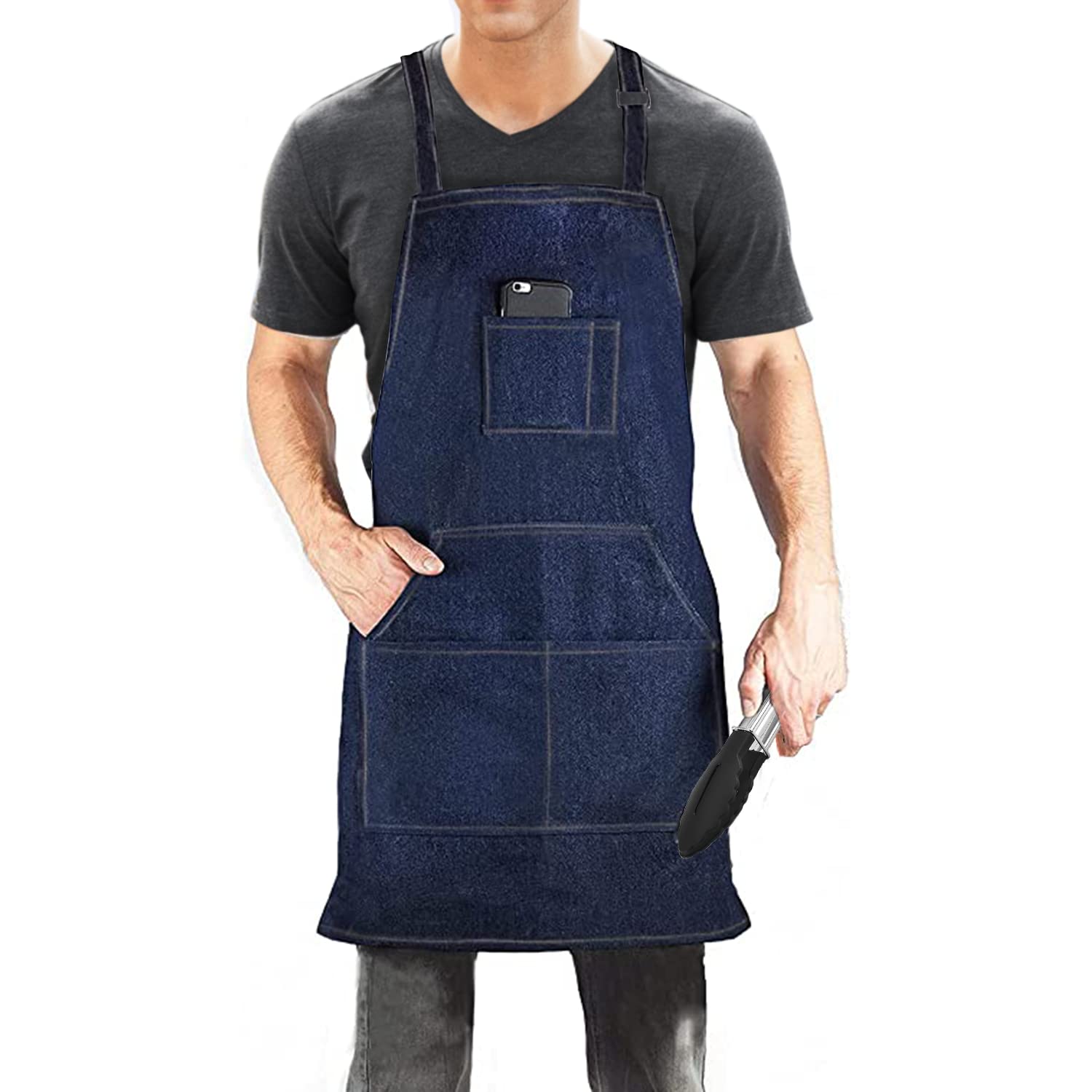 Dadidyc denim jean tool apron front view highlighting rugged durability for busy kitchens
