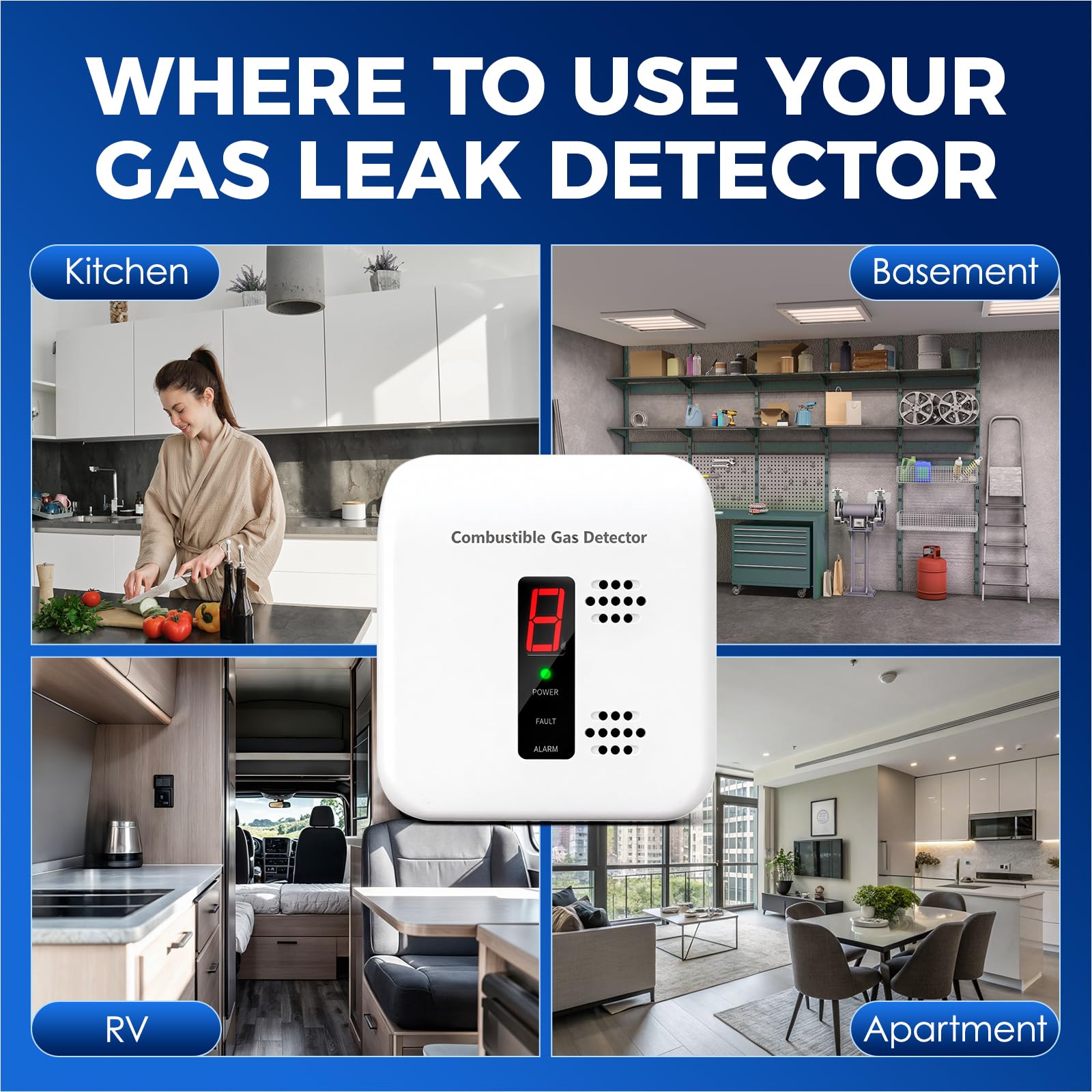 Daffypop gas detector kitchen scene in use beside stove