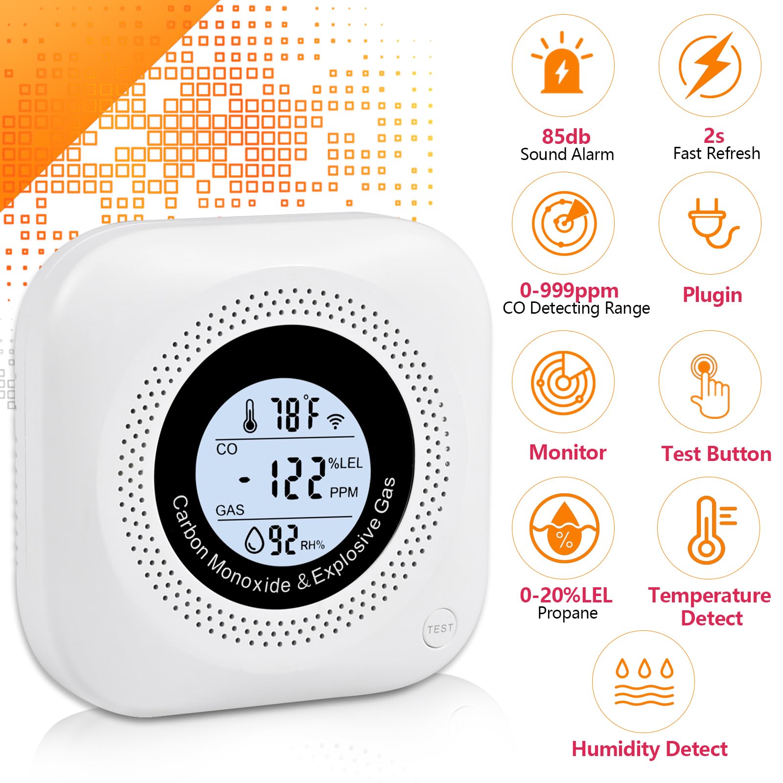Daffypop wall-plug CO detector with AC socket for easy home use.