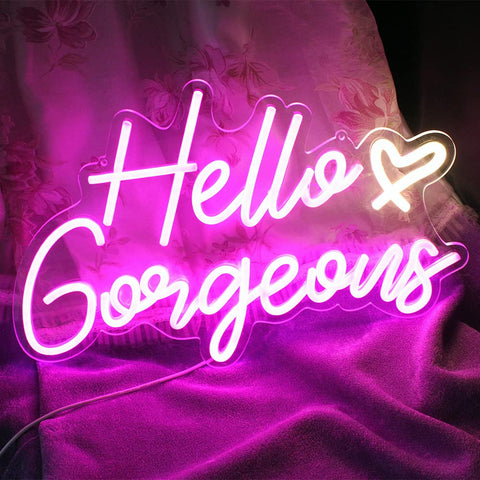 DAKABUKA Hello Gorgeous neon sign adds chic bedroom decor and ambiance.
