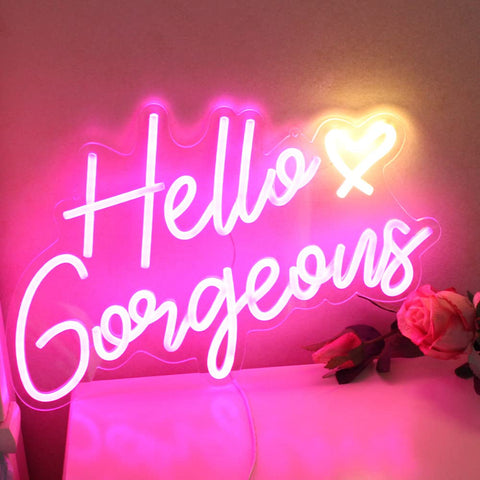 DAKABUKA Hello Gorgeous neon with dimmable switch for adjustable mood lighting.