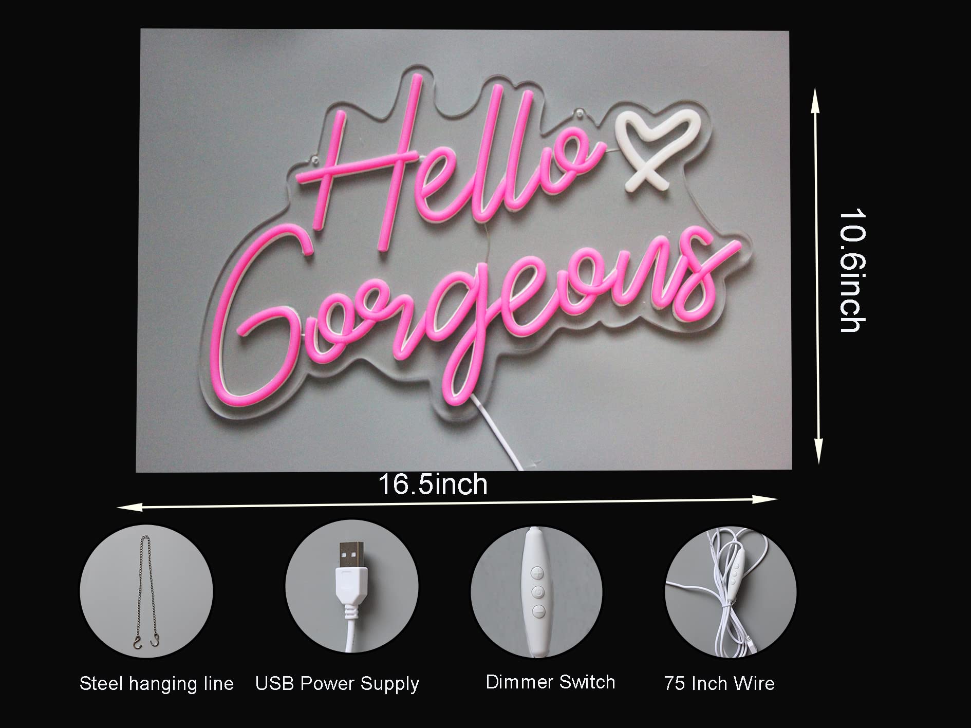 DAKABUKA Hello Gorgeous neon sign ideal for wedding backdrops and parties.