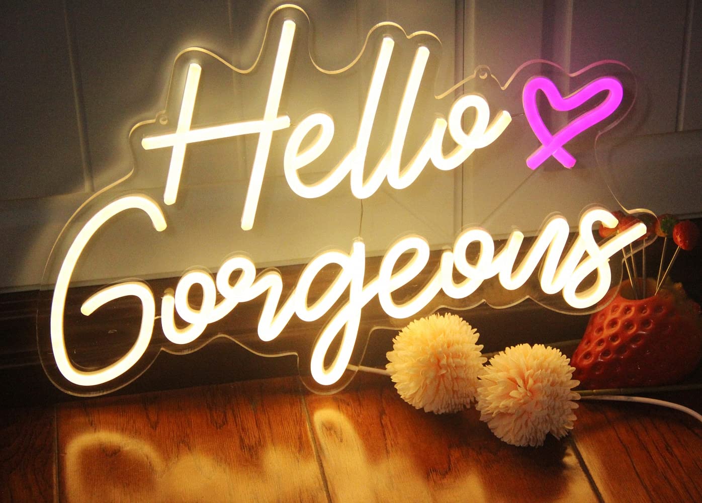 DAKABUKA Hello Gorgeous neon sign with hanging chain for backdrop setup