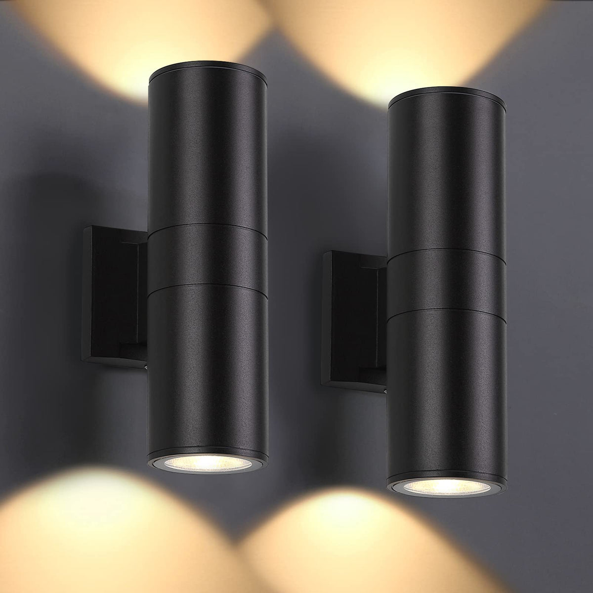 DAKAFUL outdoor wall light 2-pack front view with warm 2700K glow