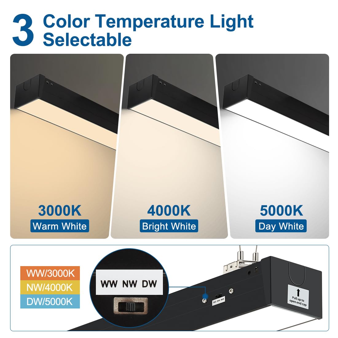 Dakason 4ft LED linear light with color temperature options for customizable ambiance.