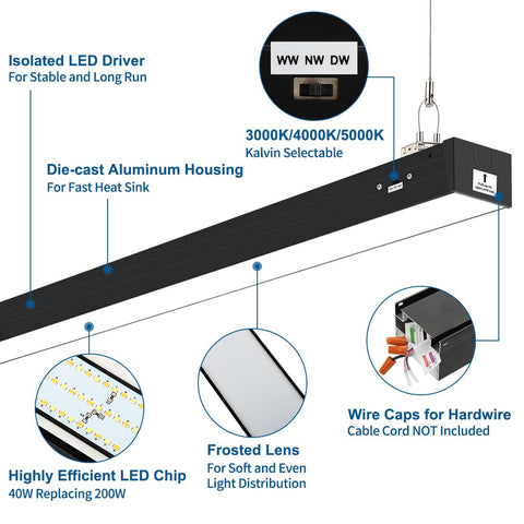 Dakason 4ft LED linear light with suspension mount for versatile setups.