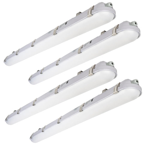 DAKASON 4FT LED vapor tight light front view shows bright, even illumination for parking garages.