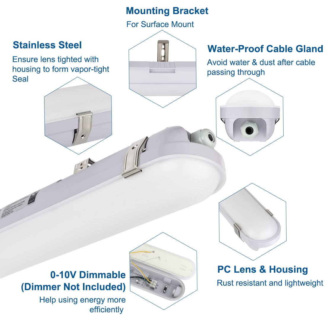DAKASON 4FT LED vapor tight light installation bracket close-up demonstrates easy mounting.