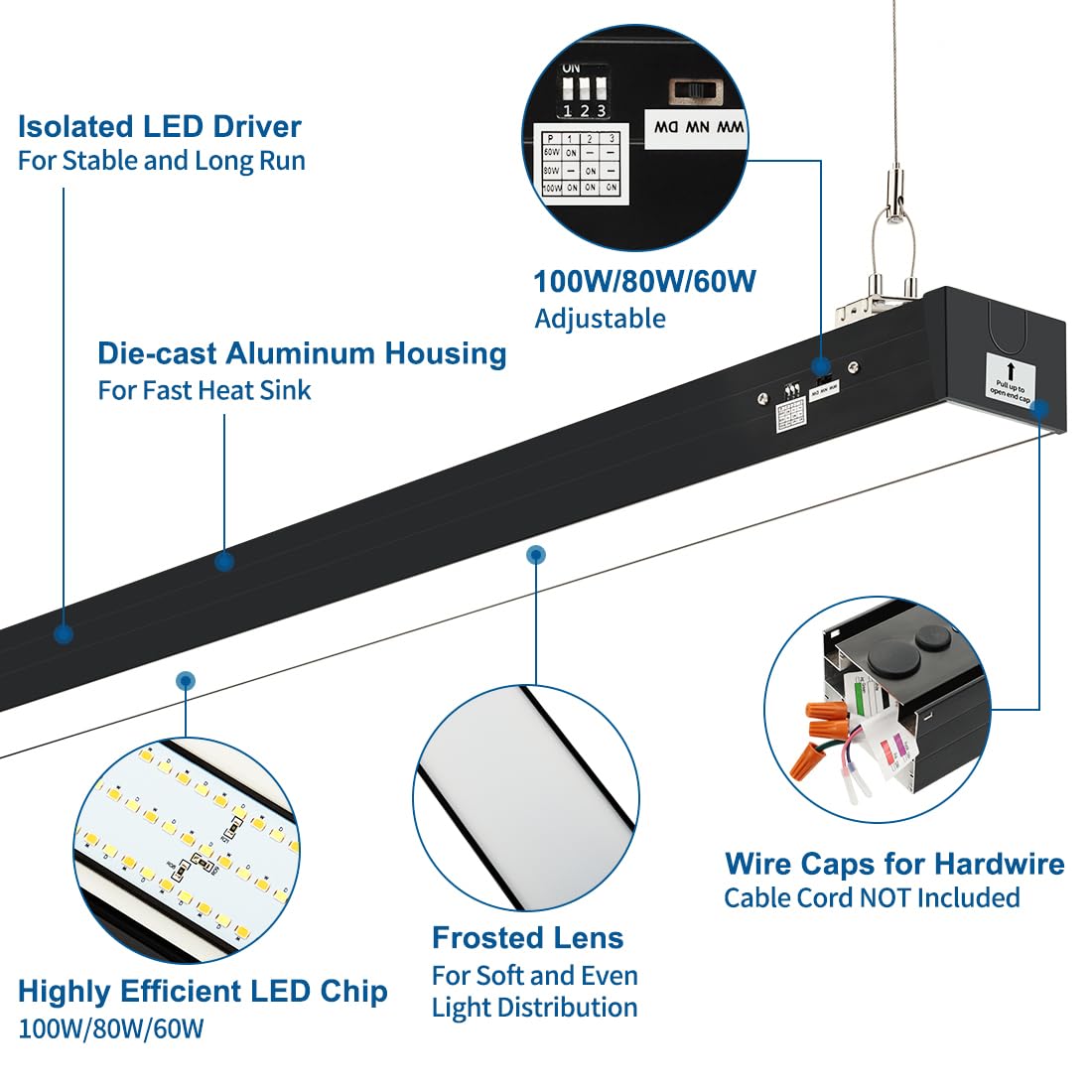 Dakason 8ft LED linear light ceiling mount view for office and shop setups