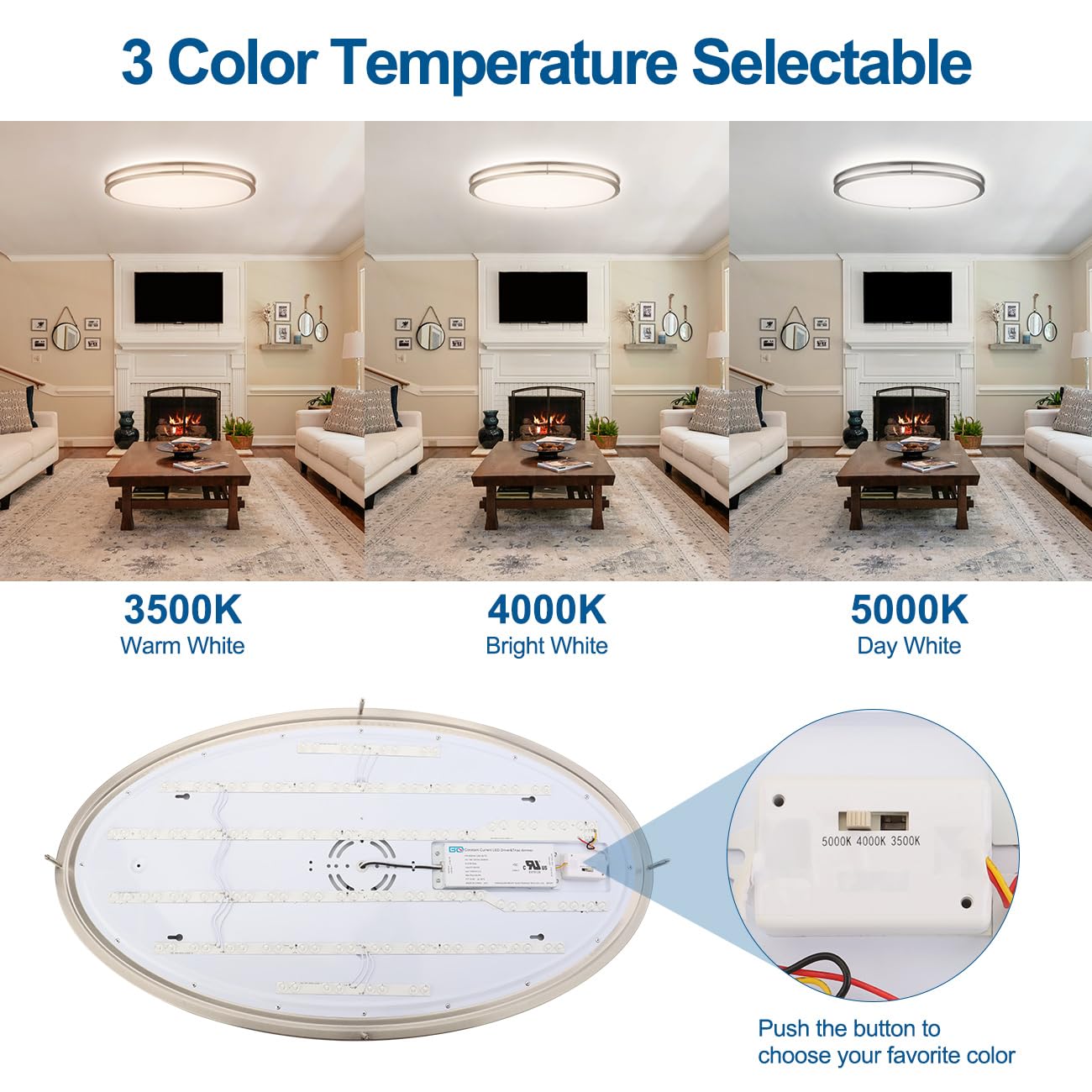 DAKASON brushed-nickel oval LED ceiling light adds a modern touch to living spaces.