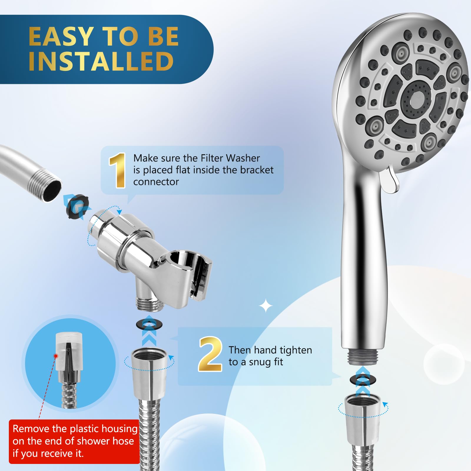 DAKINGS 60-inch stainless steel hose offers flexible shower reach.