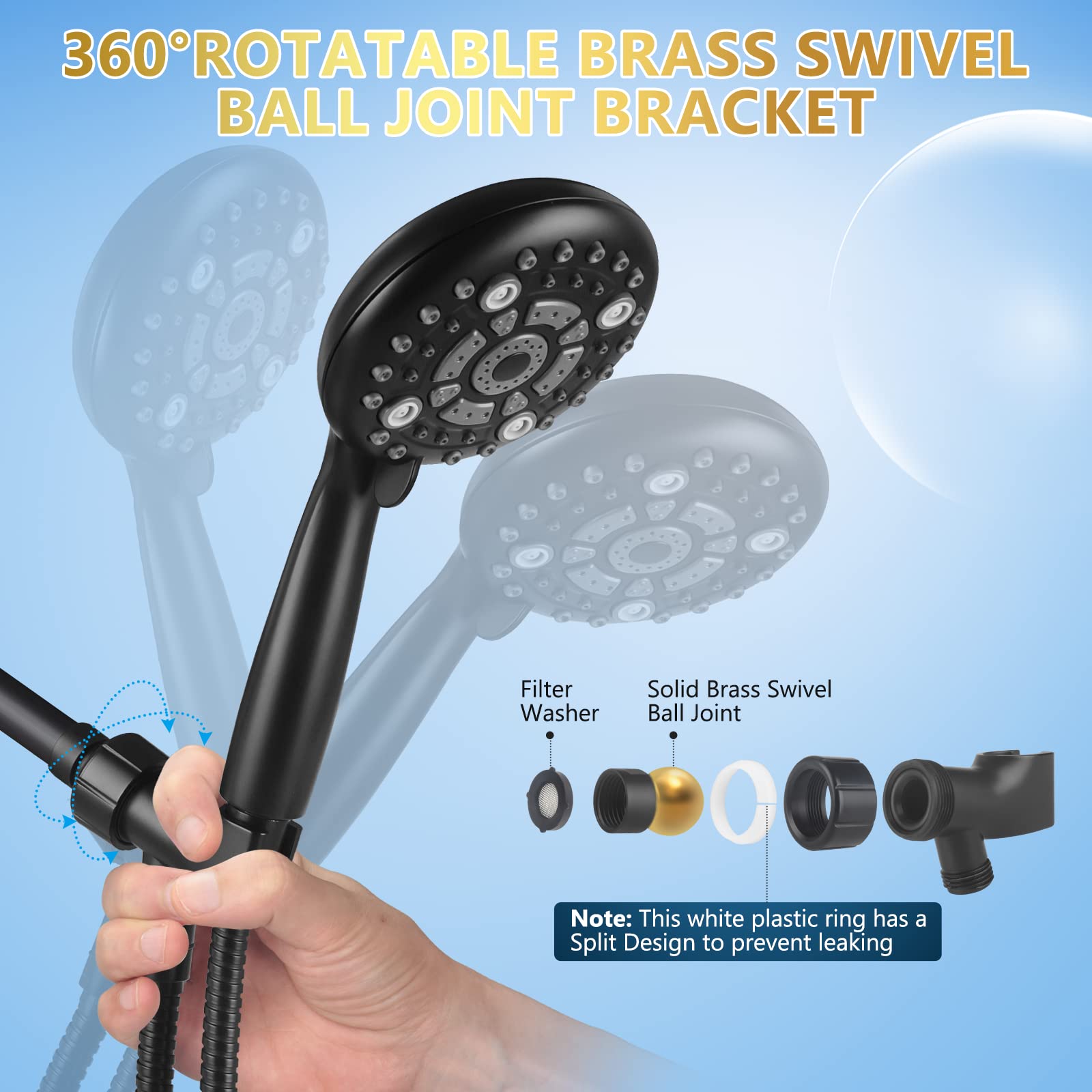DAKINGS matte black handheld shower head for modern bathroom style.