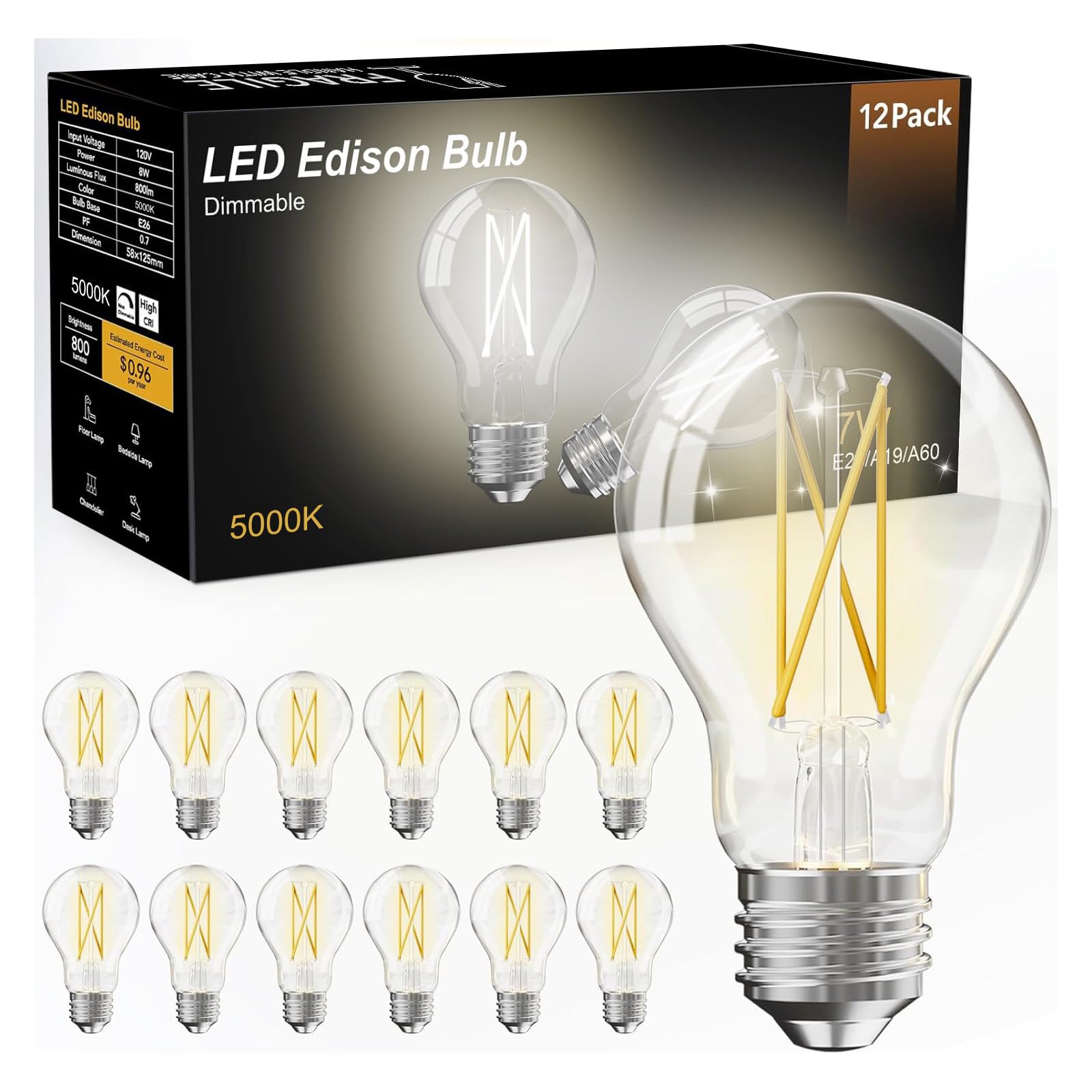 Dalattin 12-pack A19 vintage LED Edison bulbs with clear glass filament