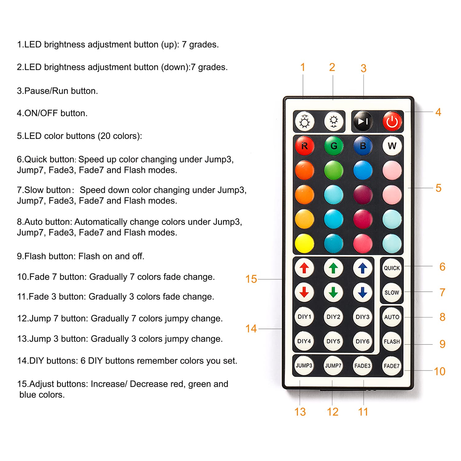 Dalattin 44-key remote controls colors and brightness with ease.