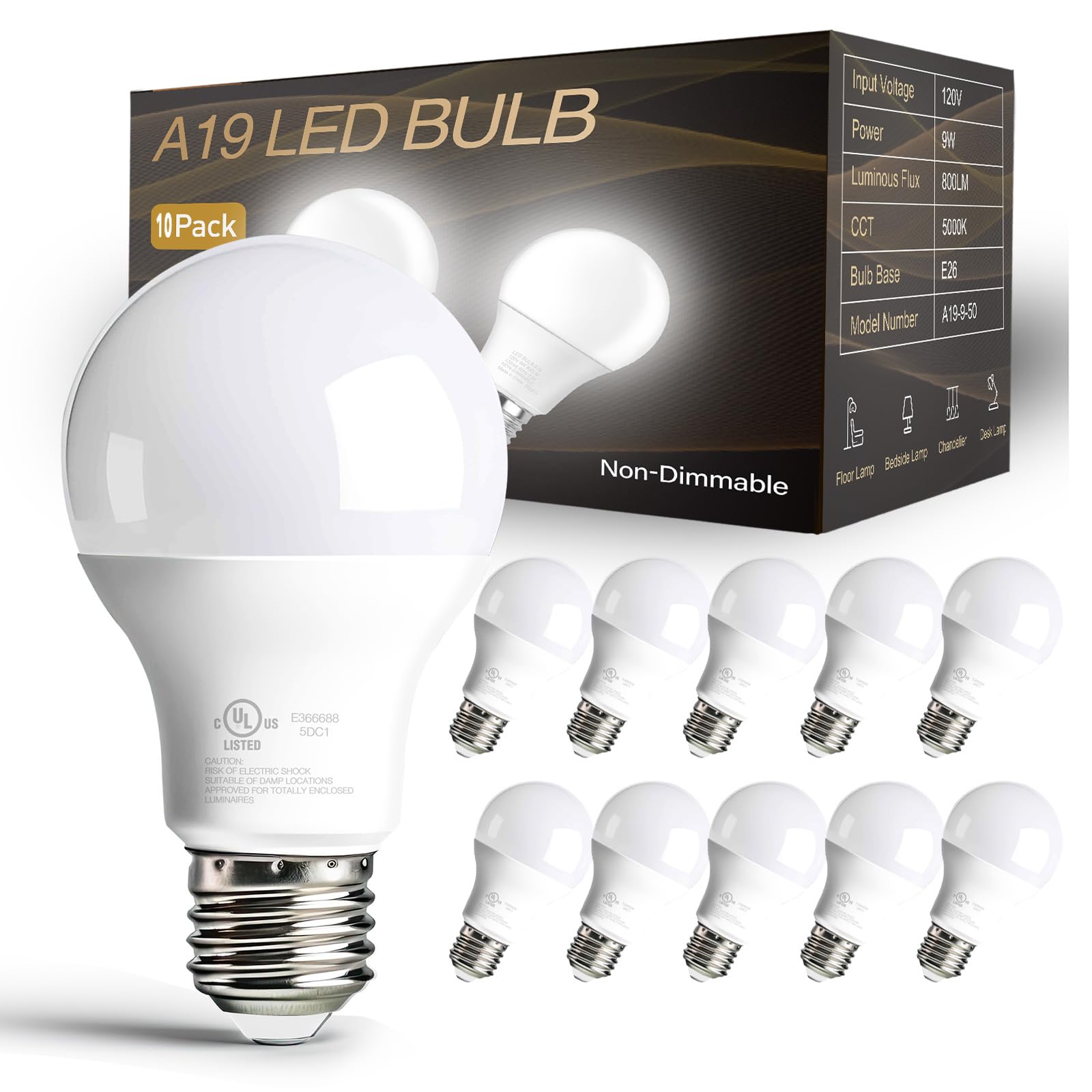 Dalattin A19 LED bulb, daylight 5000K, 800 lumens, ideal for bright living spaces.