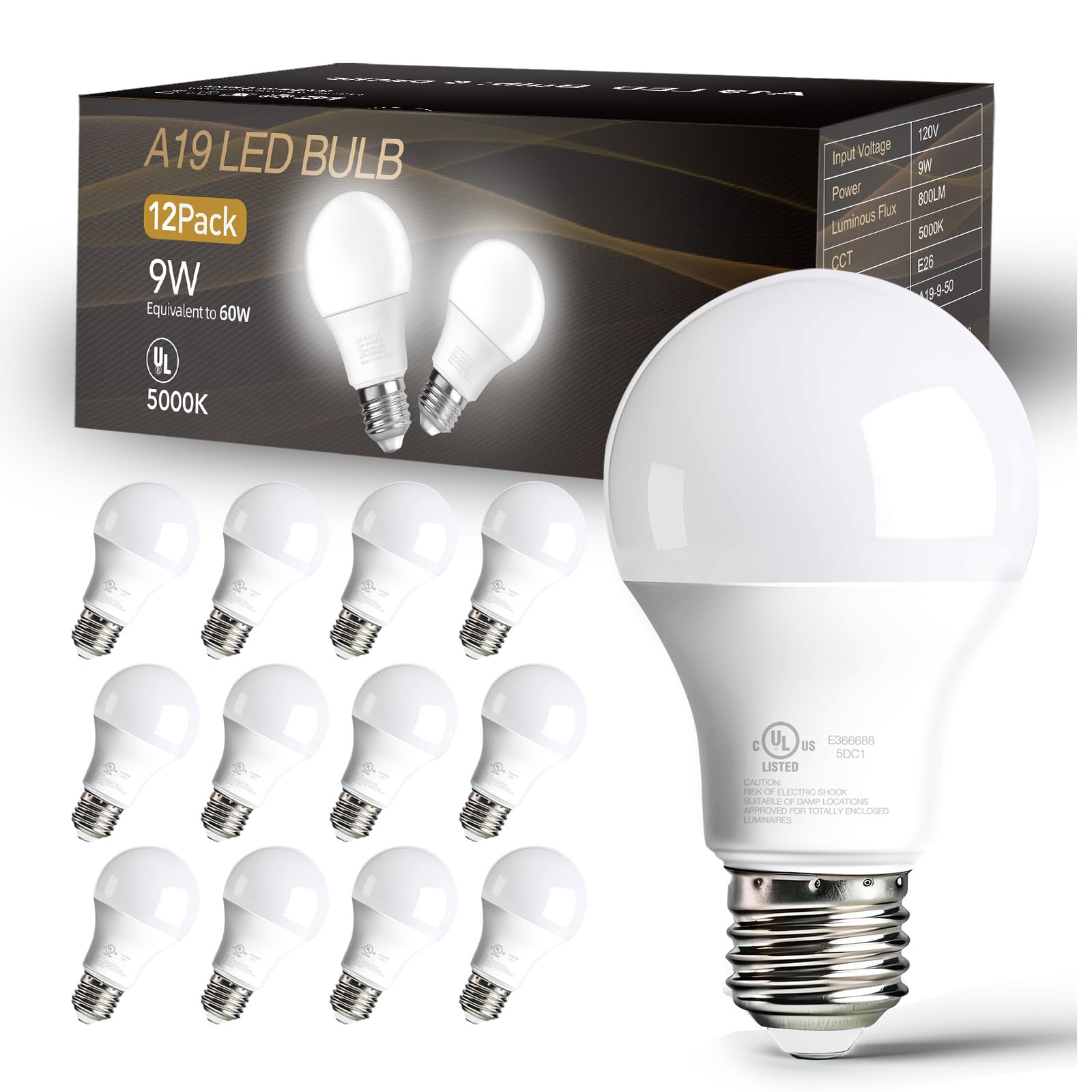 Dalattin A19 LED bulbs illuminate with 800 lm in a 12-pack at 5000K daylight.