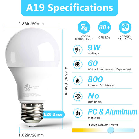 Dalattin A19 LED bulbs save energy with 9W, replacing 60W incandescent.