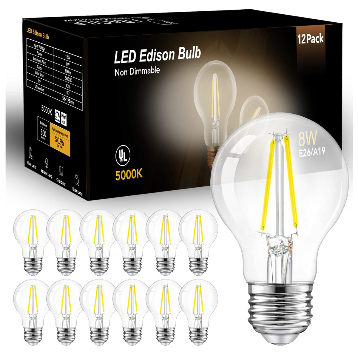 Dalattin A19 vintage LED bulb with glass filament and 5000K daylight for bright, energy-efficient ambience