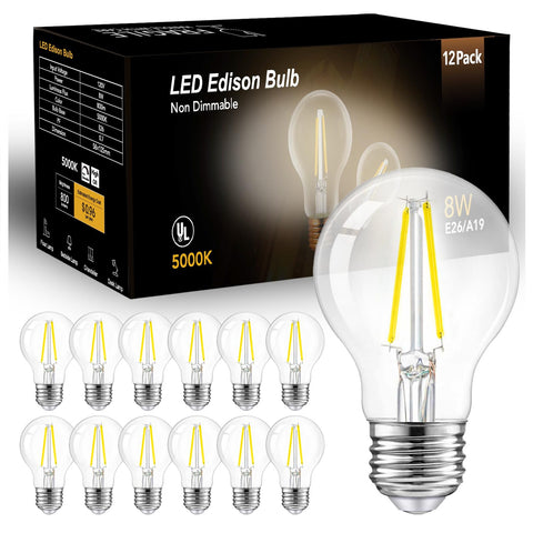 Dalattin A19 vintage LED bulb with glass filament and 5000K daylight for bright, energy-efficient ambience
