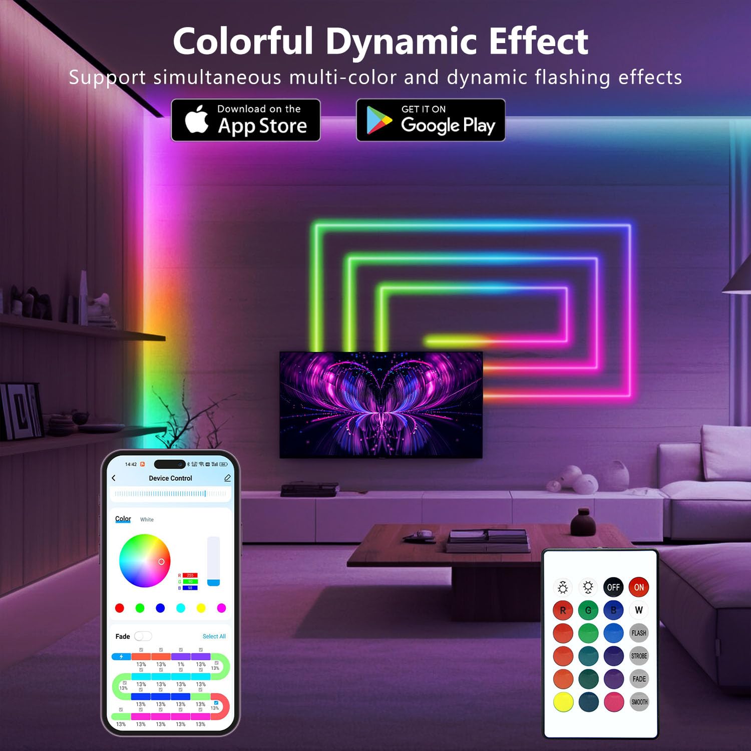 Dalattin RGBW color-changing LED strip with Bluetooth app control for easy tuning.