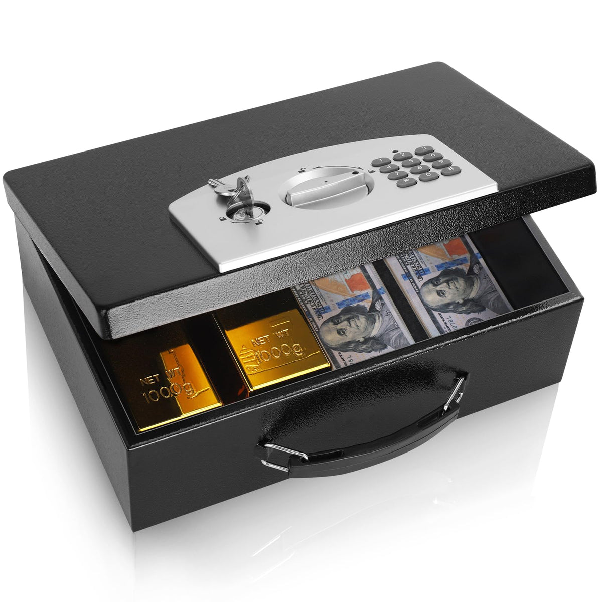 Dalmbox portable metal safe box with digital lock secures documents on the go.