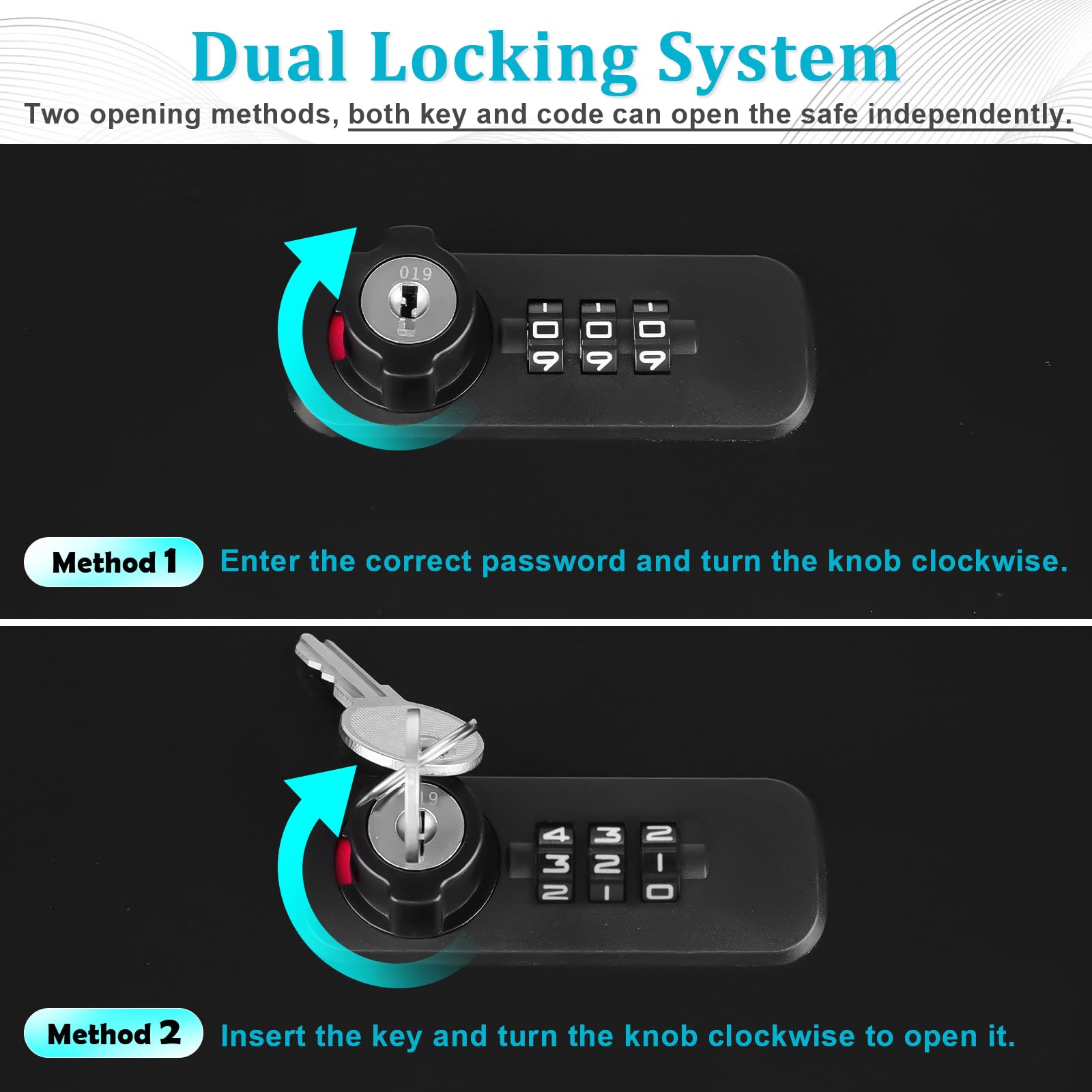 Dalmbox dual lock mechanism with keys and combination for versatile security.