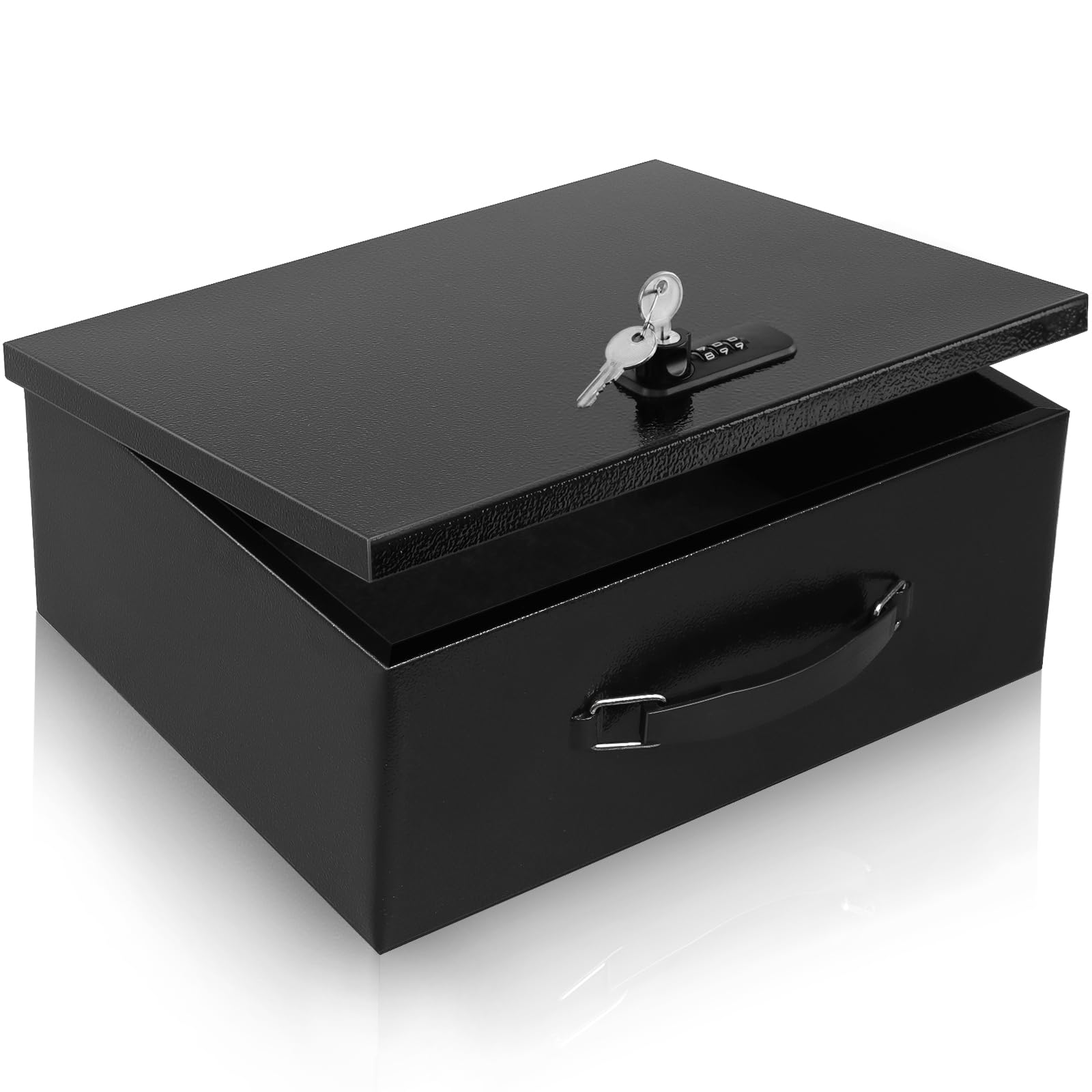 Dalmbox portable safe box front view highlighting sturdy construction for security.