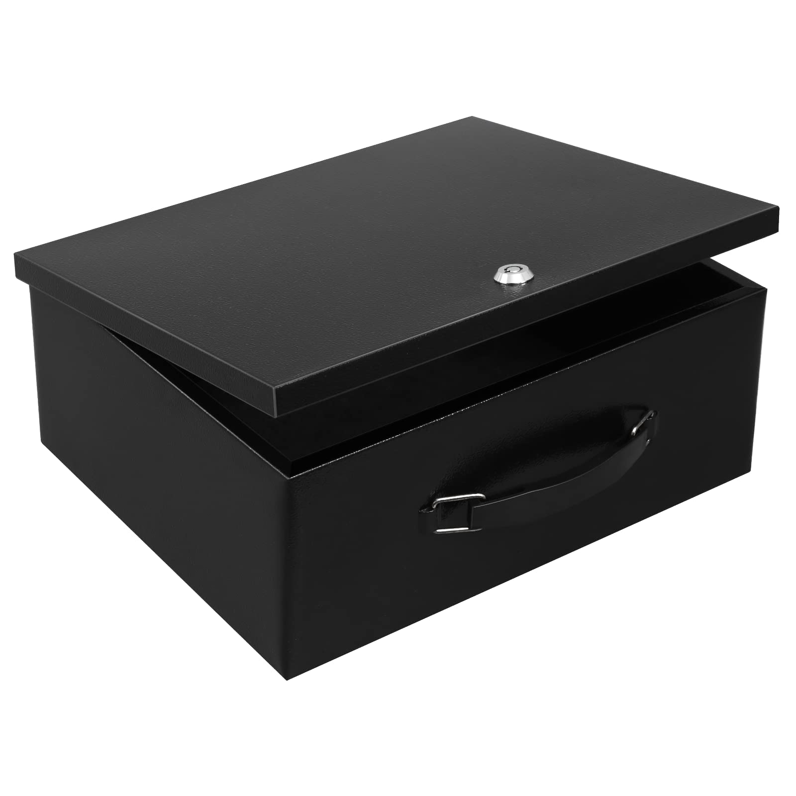 Dalmbox portable metal safe box with key lock, exterior view showing sturdy design