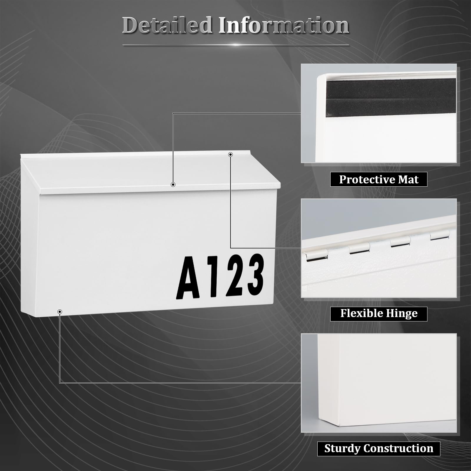 Dalmbox white dimensions-visual demonstrates generous interior space for mail and magazines.