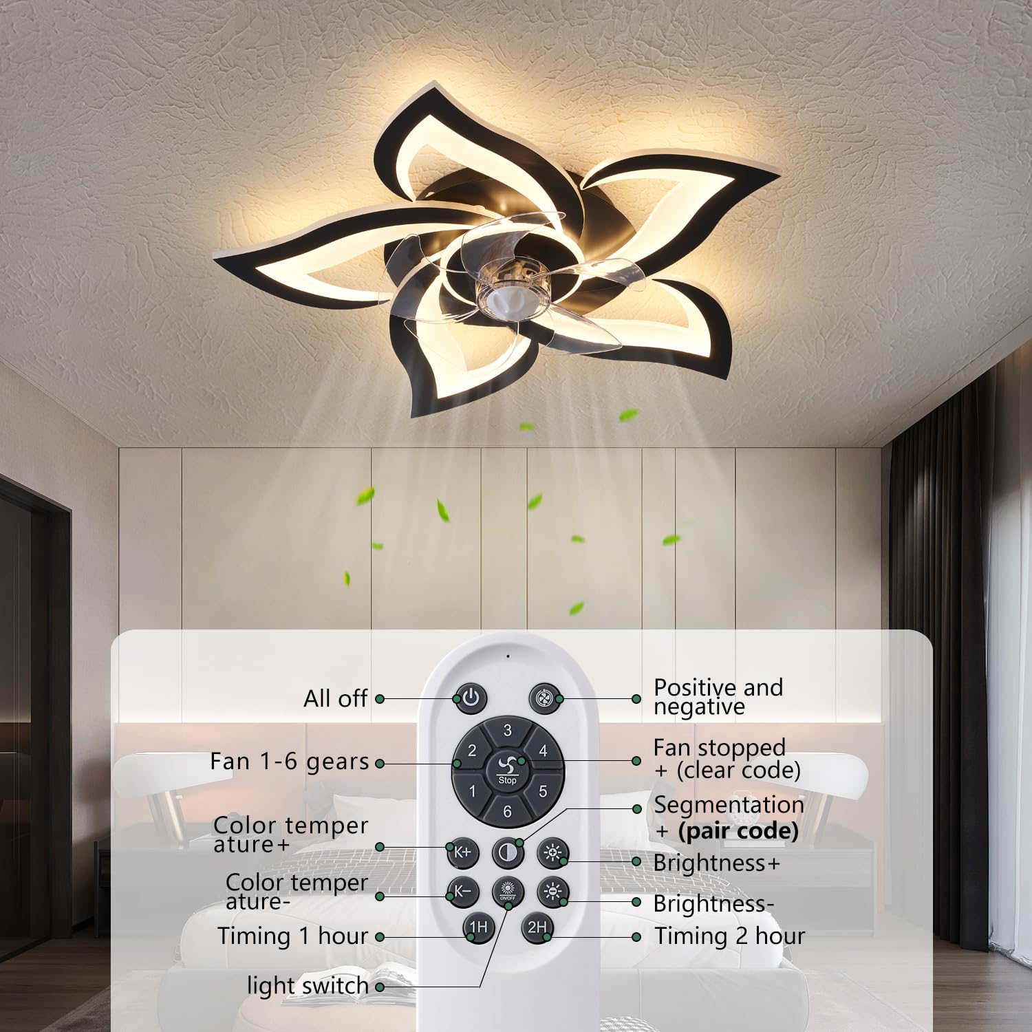 Dalouguan ceiling fan with lights timer feature for sleep-friendly evenings.