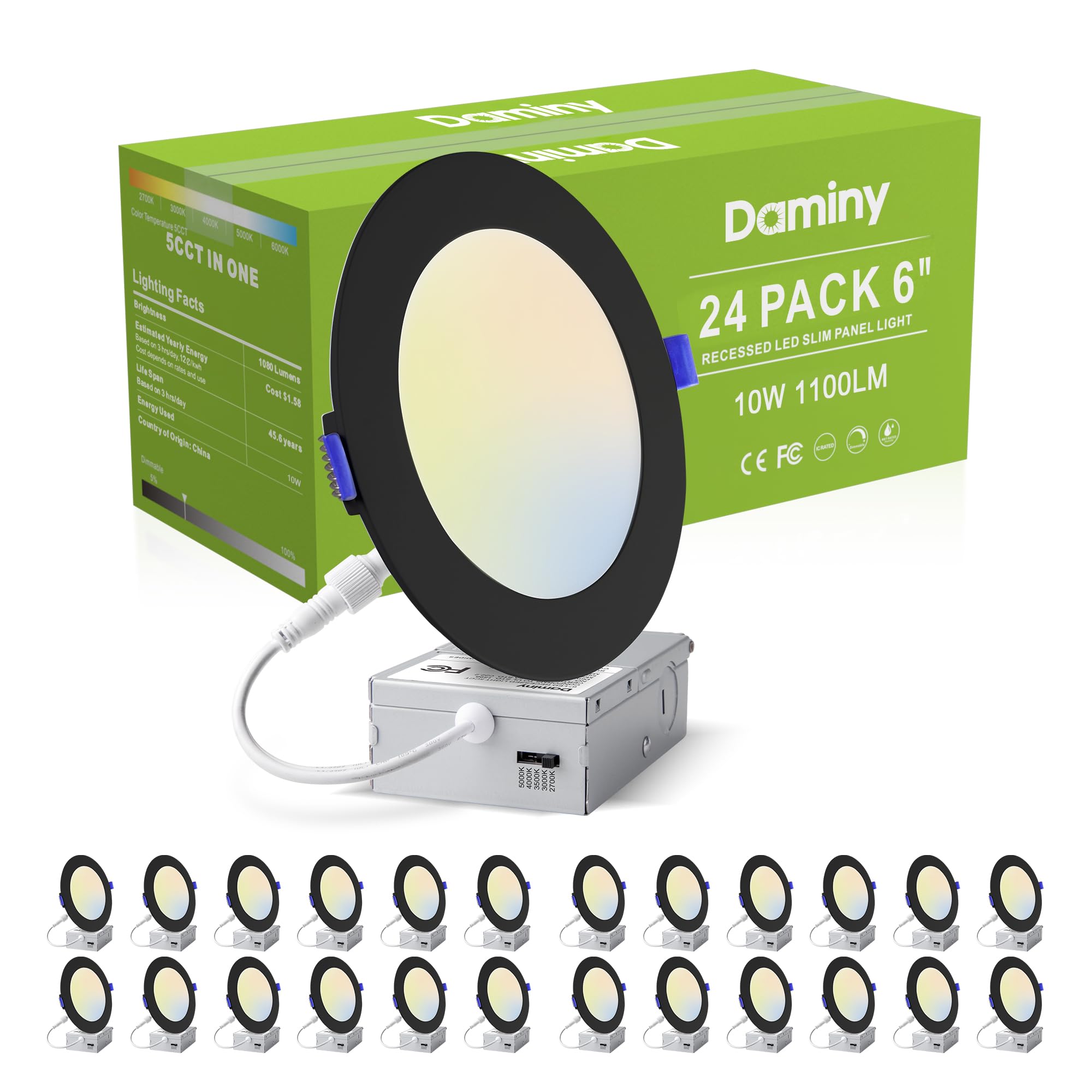 Daminy 24-pack 6-inch black LED recessed light with junction box for retrofit ceilings.