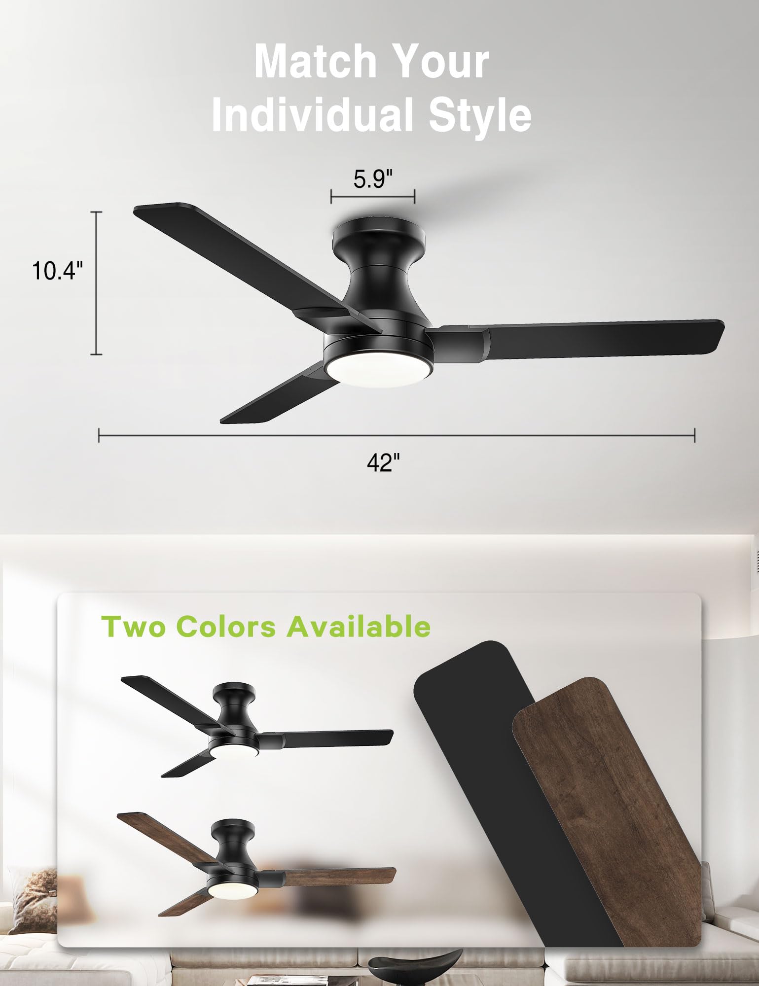 DAMINY ceiling fan blades: dual color black and wood grain for decor matching