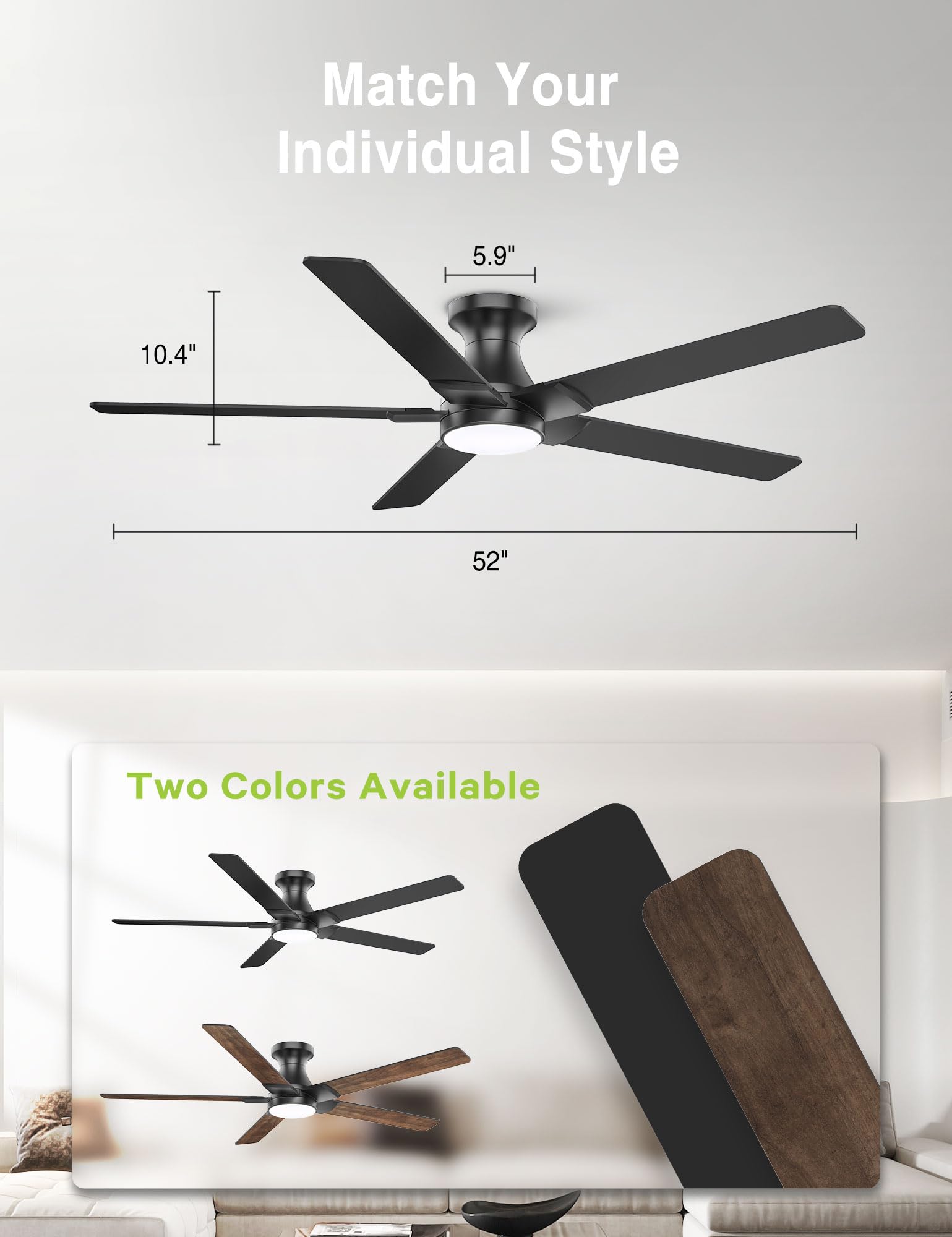 Quiet DC motor provides gentle airflow for restful spaces.