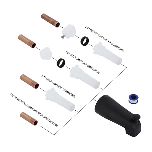 Danco tub spout matte black side profile highlights 5-inch reach for extended water clearance