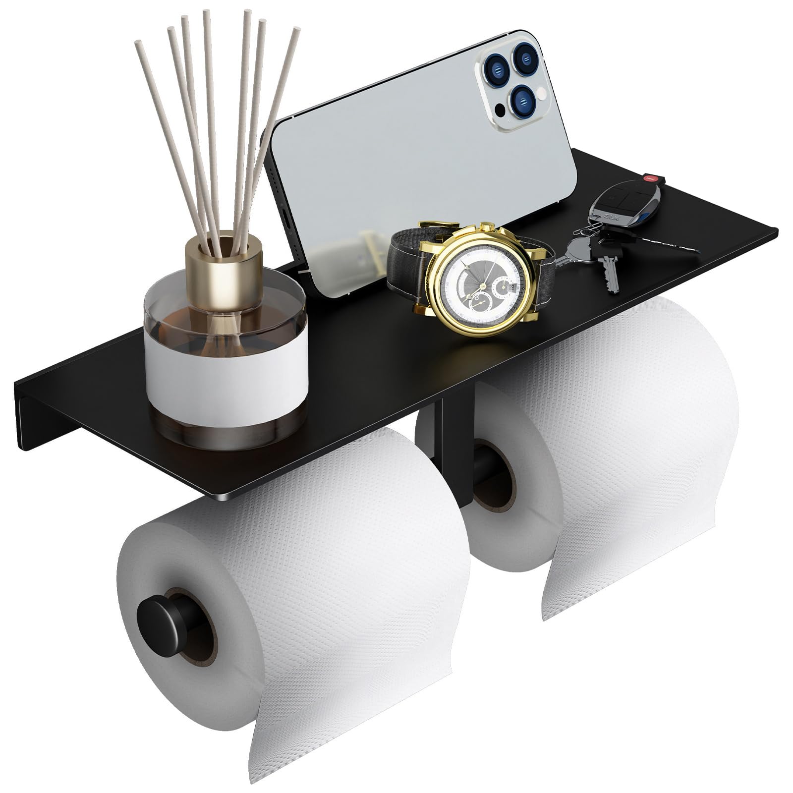 Danpoo matte black dual-roll holder with space-saving design.