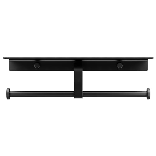 Danpoo matte black toilet paper holder with shelf keeps spare roll accessible.