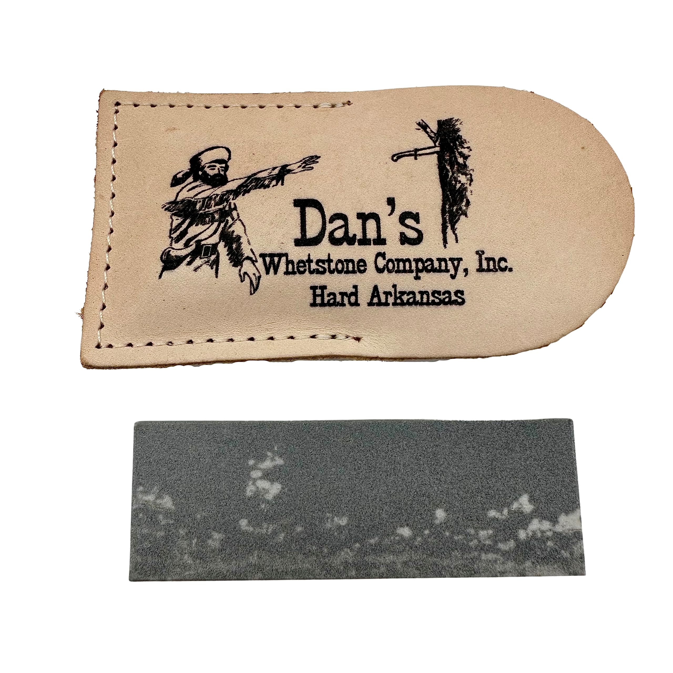 Dan's Whetstone Arkansas Hard Fine stone in leather pouch sharpening knives with precision