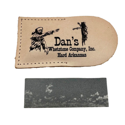 Dan's Whetstone Arkansas Hard Fine stone in leather pouch sharpening knives with precision