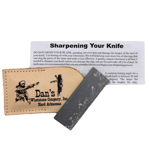 Dan's Whetstone Arkansas Hard Fine stone inside leather pouch for portable sharpening