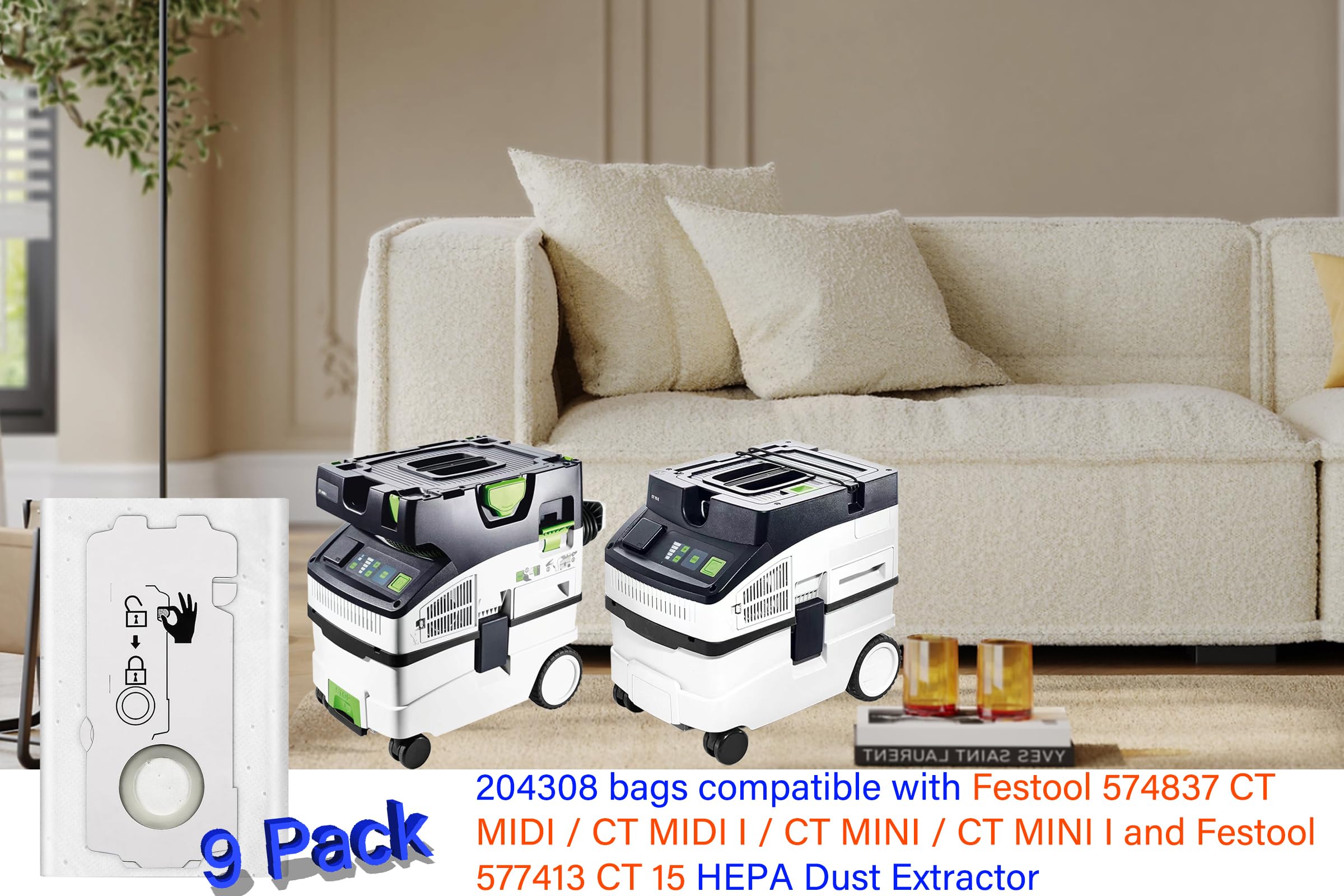 DAODEFUL CT Mini/Midi filter bags pack shot highlighting 9-pack value for Festool CT vacuums