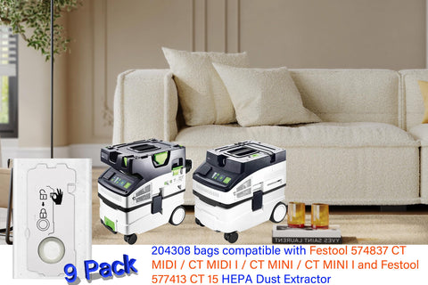 DAODEFUL CT Mini/Midi filter bags pack shot highlighting 9-pack value for Festool CT vacuums