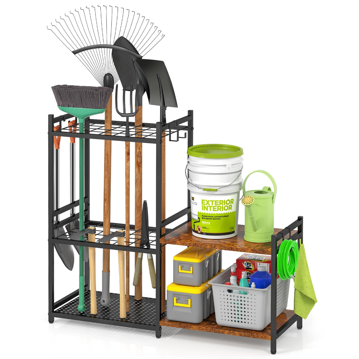 DAOUTIME garage tool organizer with two-tier wooden shelves keeps tools neatly organized for compact garages.