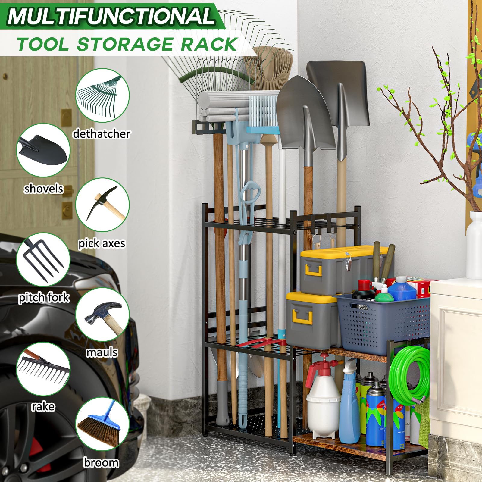 DAOUTIME yard tool organizer with six hooks enables quick access to frequently used tools.