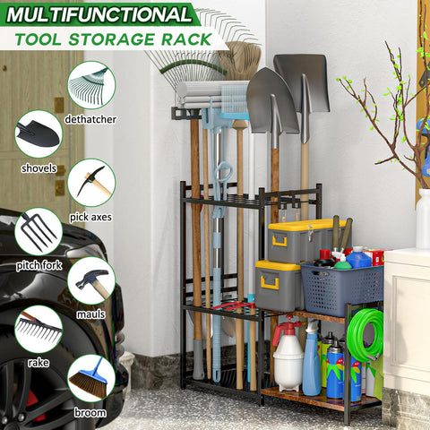 DAOUTIME yard tool organizer with six hooks enables quick access to frequently used tools.