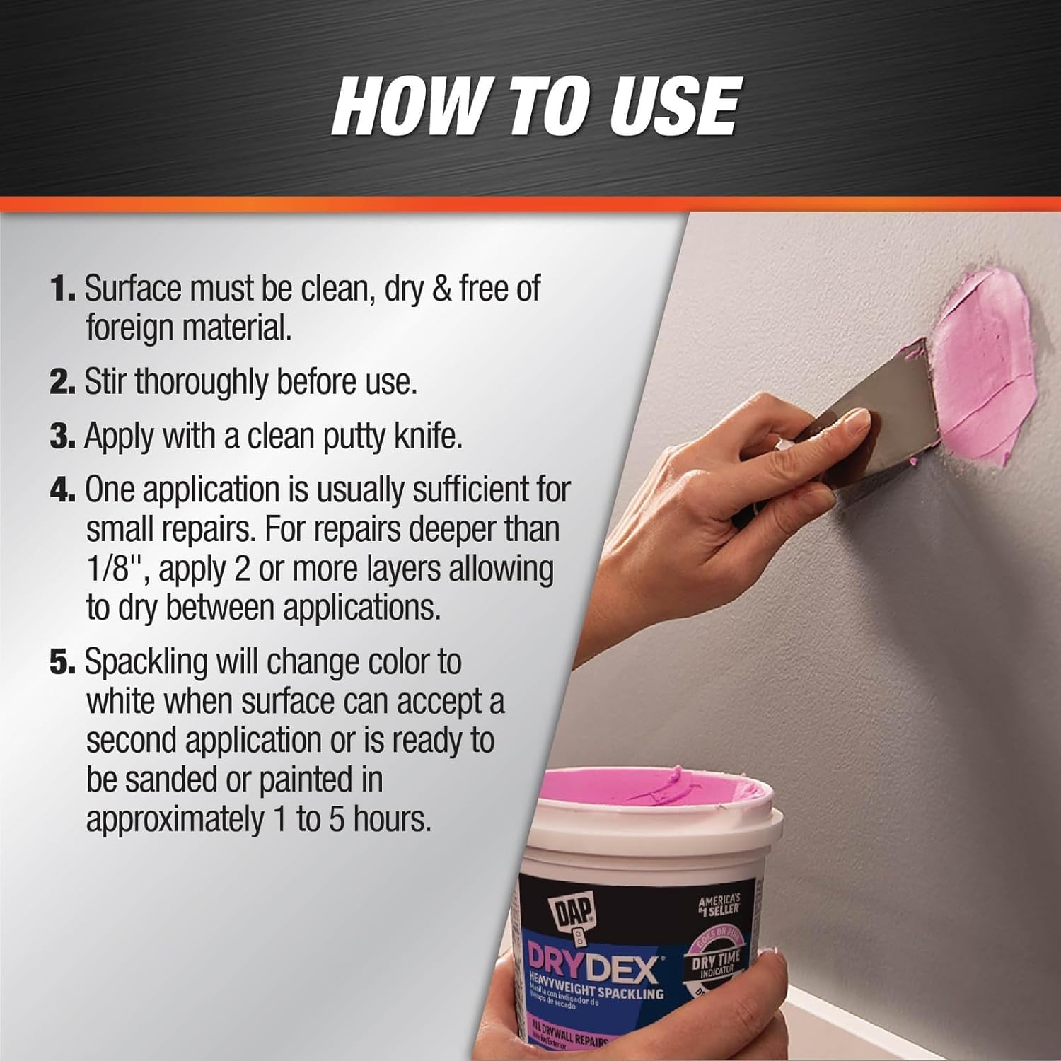Applying DAP DryDex spackling to a wall patch for a smooth finish.