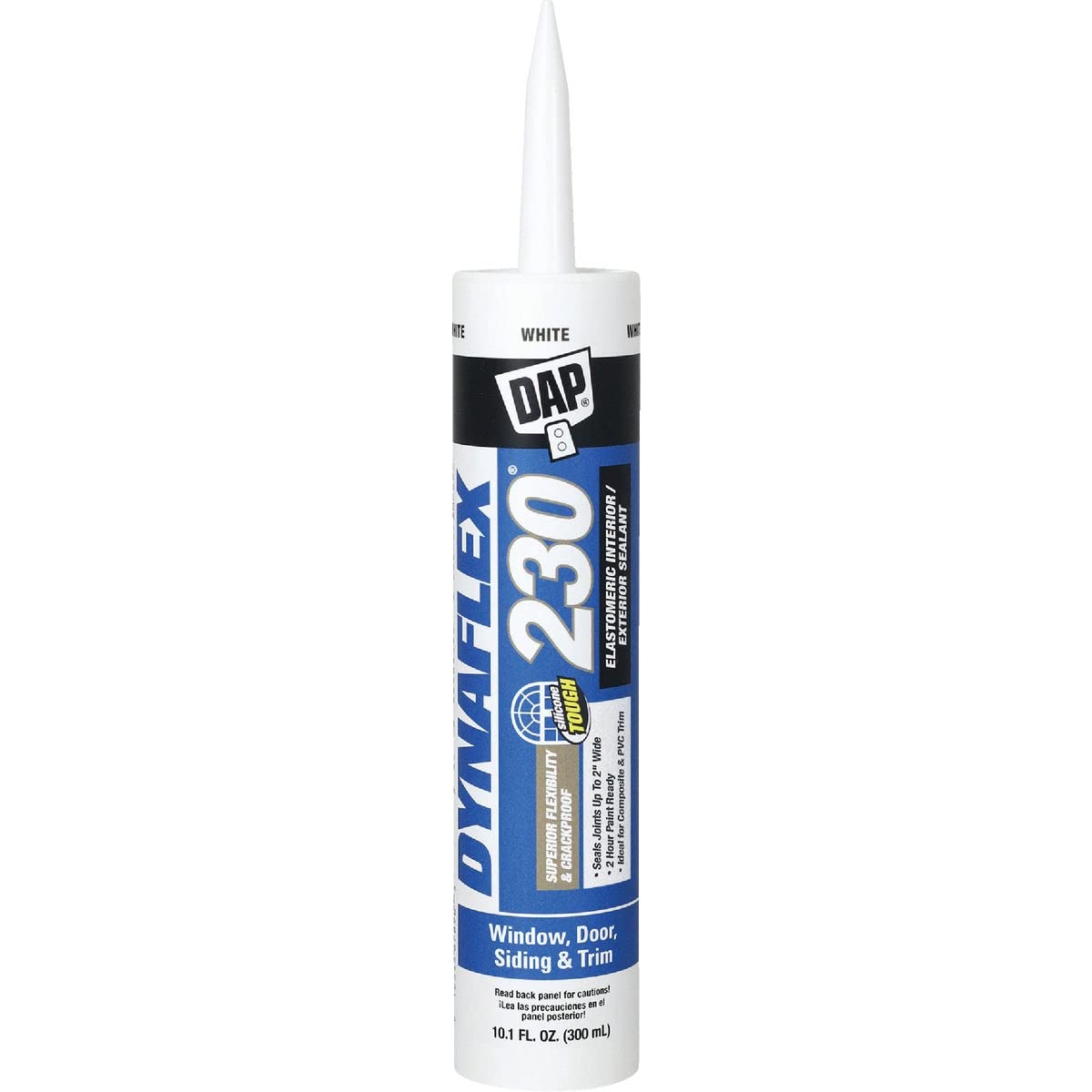 DAP Dynaflex 230 white sealant tube ready for precise dispensing and clean application.